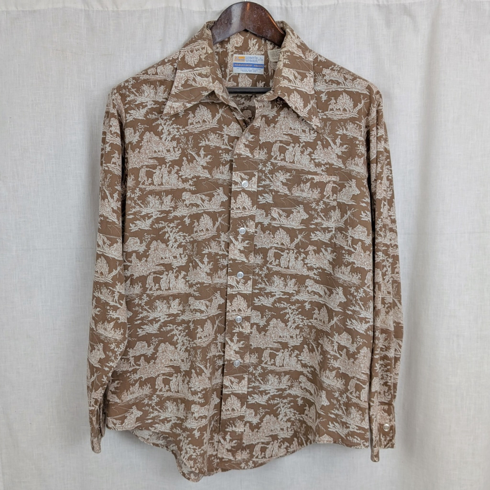 Vintage Colonial-Pioneer Pattern Button UP Collared Shirt L